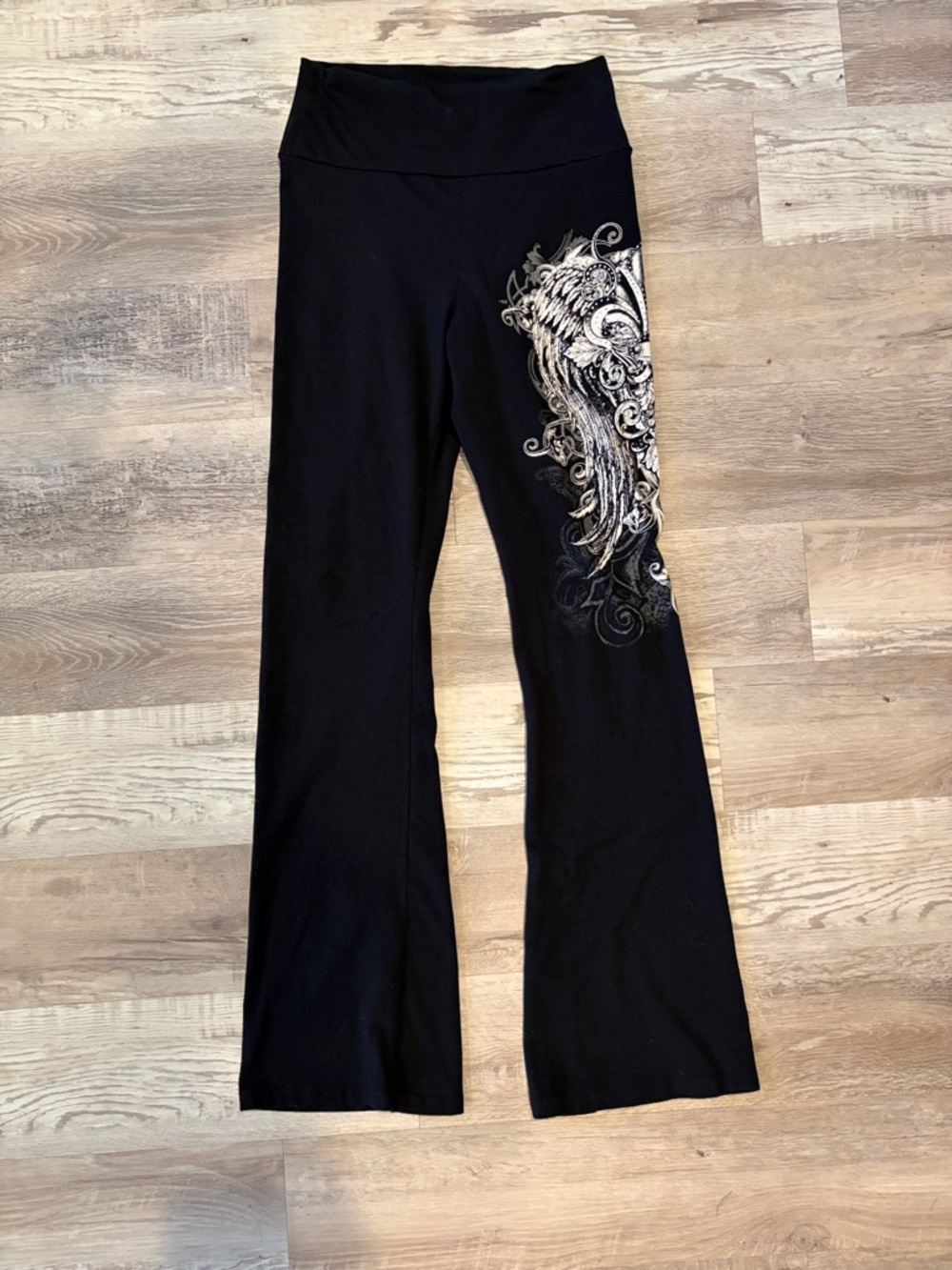 Black Yoga Flare Pants with Silver Wing Graphic